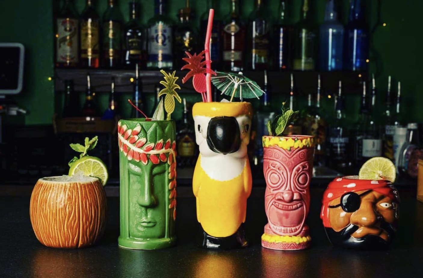Row of Hawaiian-themed drinks at Honolulu Harry's